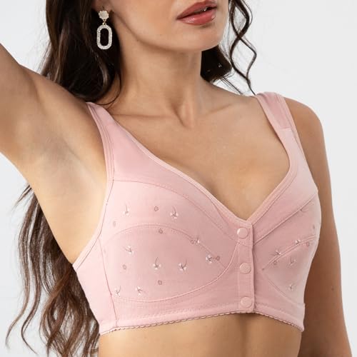 Image of Comfortable Daisy Bra for Seniors,CharmFront Snap Closure Cotton Bras Front Close Bras for Older Women no Wire Pink 36