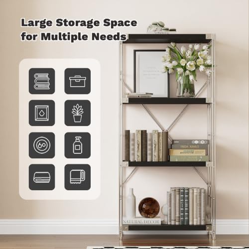 Image of 4-Tier Industrial Bookshelf, Wood and Metal Shelf Unit, Storage Bookcase