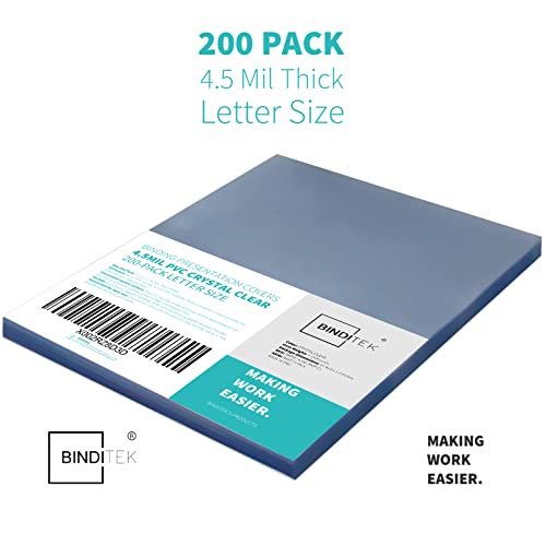 Image of Binditek 200 Pack 4.5 Mil PVC Binding Covers, 8.5 x 11 Inches, Letter Size, Square Corners, Un-Punched, Office Supplies