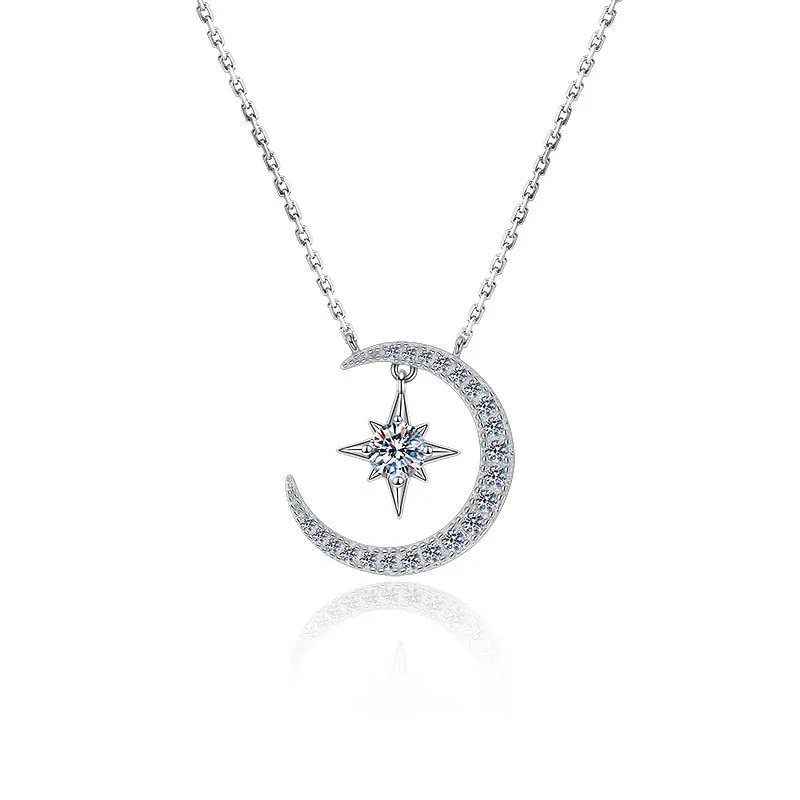 Pendentif diamant lune et collier moissanite argent 925, le cadeau de mariage idéal