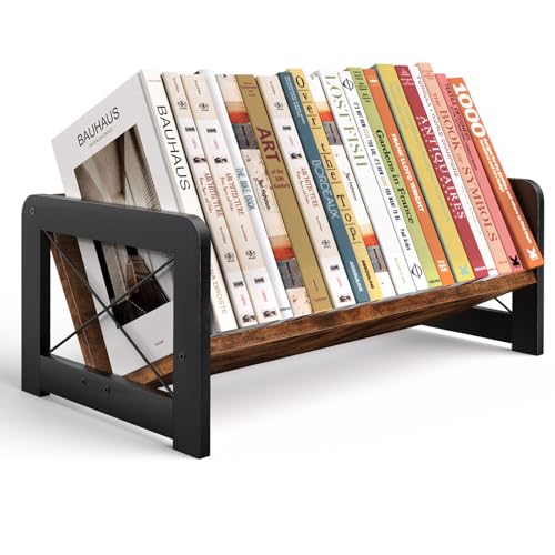 ELITEROO Desktop Bookshelf Organizer Wood Slanted Desk Bookshelf Small Tabletop Book Rack Portable Mini Bookcase for Book Display Cookbooks Kids Reading Office & Home Storage Rustic Brown