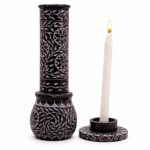 Image of Marble Soapstone Black Incense Holder, 3 x 3 x 10 Inches | Handmade, Round Carving, Candle Burner, Tea Light Holder, Decorative Home and Office Decor