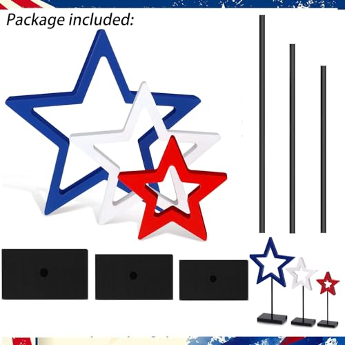 Image of 4th of July Patriotic Table Decoration 3 Pcs Wooden Star Tabletop Tray Decor Star Freestanding Table Wooden Signs for Independence Day Home Party Supplies
