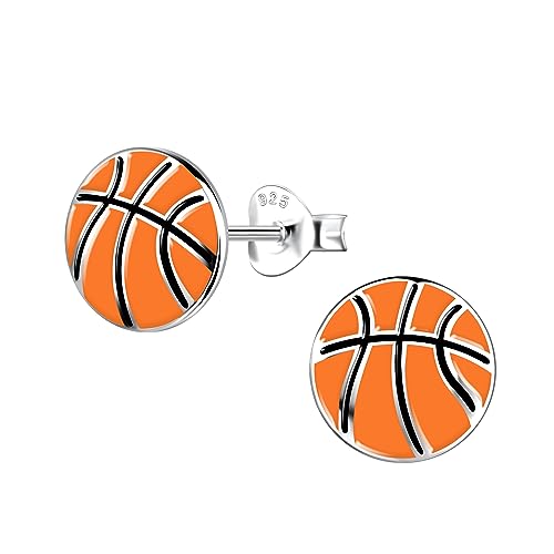 Solid 925 Sterling Silver Sports Fan Stud Earrings Hypoallergenic, Baseball, Basketball,Tennis ball, Soccer ball, Football, Volleyball Your Choice (Basketball)