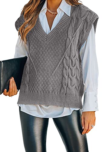 FIYOTE Damen Pullunder V-Ausschnitt Pullover ärmellos Einfarbig Strickpullover Elegante Strickweste A-grau S Cover