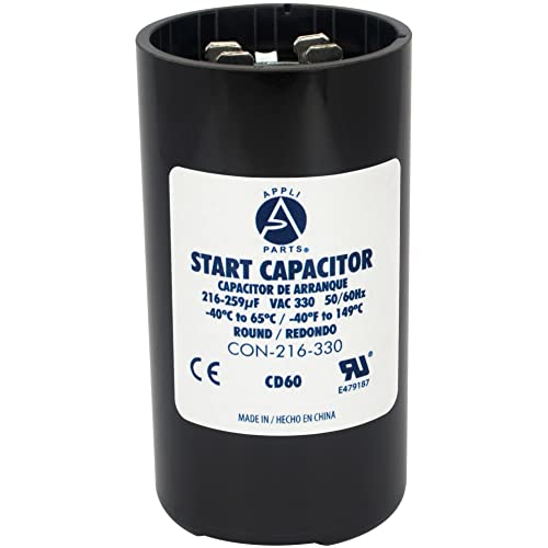 Appli Parts motor start capacitor 216-259 Mfd (microfarads) uF 330VAC universal fit for electric motor applications 1-3/4 in Wide 3-3/8 in Height CON-216-330