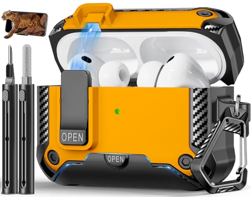 Image of for AirPods Pro 3 Case with Lock & Phone Stand(Yellowk) | Automatic Snap Switch Lock,Carbon Fiber Texture Design Cover with Cleaner Kit