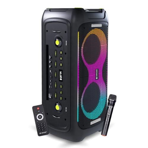 Image of LAPCARE Bloom Wireless Bluetooth Party Speaker, 100W Immersive Pro Sound, Dynamic RGB Light Show, Bass and Treble Control, Type C, Built-in Rechargeable Battery, Splashproof with Wireless Mic (Black)