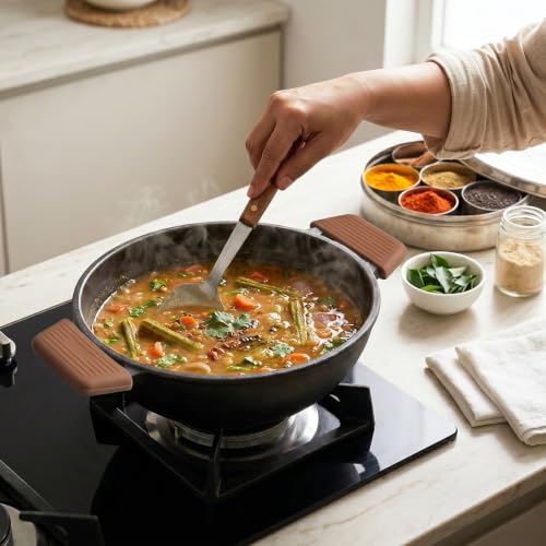 Image of HomeEssentials Pre-Seasoned Cast Iron Kadai with Silicone Grip, 24cm, 2.5-2.7L Capacity, 100% Pure Cast Iron Cookware, Naturally Non-Stick, Non-Toxic, Compatible with Gas, Ceramic & Electric Cooktops