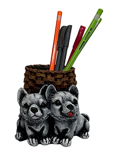 Image of AUGEN Pen Stand Decorative Hand Painted Two Puppy, Dog Design Stationery Holder | Gift Item | Table Top Decor (1053)