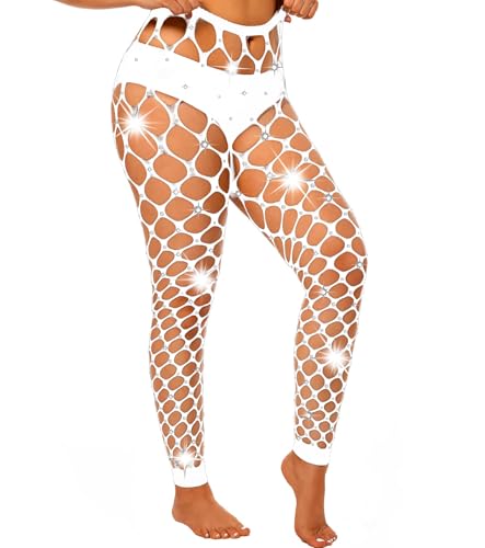 Aucute Damen High Waist Sparkle Strass Strumpfhose Fußlose Netzstrümpfe Sexy Große Mesh Dessous Hosen, Weiß