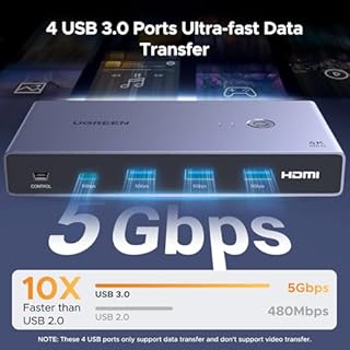 UGREEN USB-C+HDMI KVM Switch 1 Monitor 2 Computers with 4 USB 3.0 Ports 4K@60Hz Aluminum for 1 Laptop & 1 Desktop Share One Monitor Keyboard Mouse Printer with 1 HDMI Cable+2 Type-C Cables