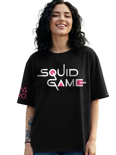 Image of Bewakoof X Squid Game Women's Cotton Jersey Graphic Print Oversized Fit Half Sleeve Round Neck T-Shirt | Casual wear | Streetwear | Oversized Tshirt for Woman Cotton| Baggy