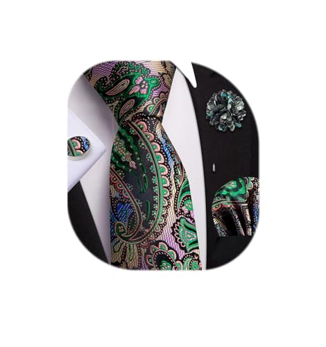 Image of Dubulle Mens Tie and Lapel Pin Paisley Striped Floral Necktie for Men Pocket Square Cufflinks 4PCS Set Wedding Party