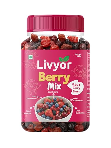 Image of Livyor 5 in 1 Berry Mix for eating - 200g | Good Source of Fibre | Dried Cranberries | Black Raisins | Cherries | Blueberries | Strawberries | Berry Blast | Berries dry fruits | Berries fresh | Pack of 1