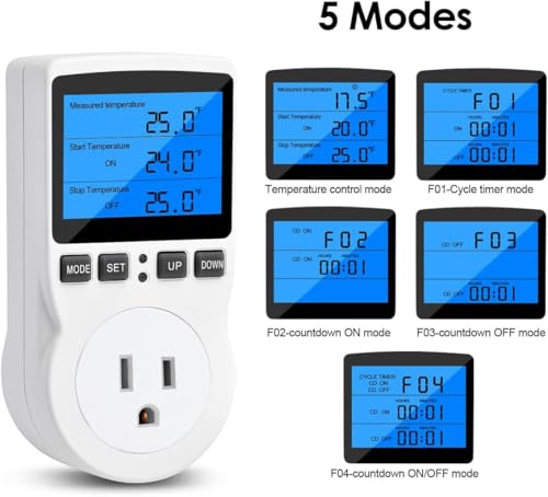 Image of Diymore Digital Temperature Controller Outlet, 120V 15A Thermostat Socket with Heating Cooling Control, Celsius Fahrenheit Display, White