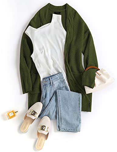 Traleubie Women's Boho Long Sleeve Open Front Chunky Warm Cardigans Pointelle Pullover Sweater Blouses Green S