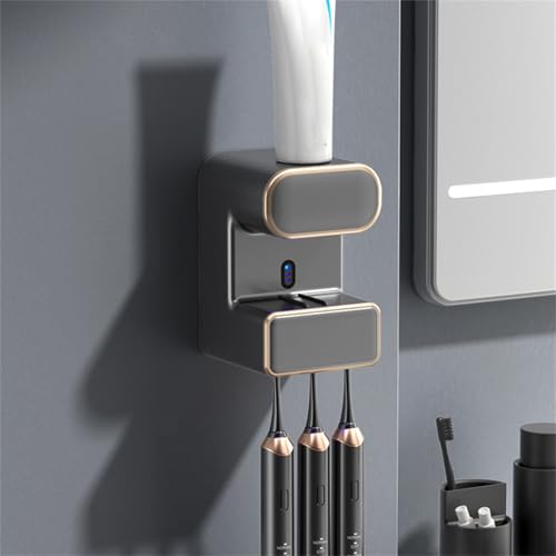 Partslety Automatic Toothpaste Dispenser, Wall Mounted Electric Toothpaste Dispenser with 3 Toothbrush Slots, Thermal Sensing Bathroom Automatic Toothpaste Squeezer Black