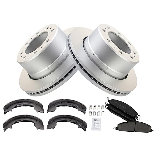 Image of TRQ Rear Brake Pad & Rotor Kit Parking Brake Shoe Set Ceramic Premium G-Coated Compatible with 2009-2010 Dodge Ram 2500, 3500 2011-2018 Ram 2500 3500