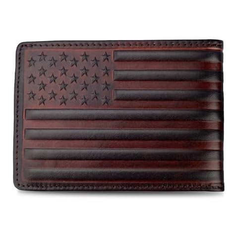 MUXILING Full Grain Leather Bifold Wallets for Men, RFID-Blocking Wallet for Men, Western Mens Leather wallets with 12 Slots(Wine Red, US Flag), Gift for Men Cover