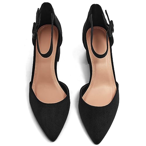 LAICIGO Women's Pointed Toe Pumps Ankle Strap Buckle Chunky Block Heel Dress D'Orsay Shoes4