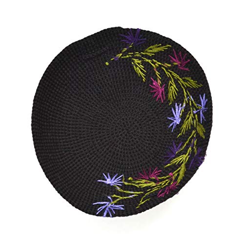 Purple & Black Embroidered Floral Crocheted Beaded Flower Womens Kippot - Dunitz Fair Trade2
