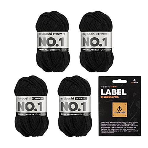 myboshi No.1 Wolle zum Häkeln und Stricken, Schnellstrickgarn, inkl. Label, Strickwolle, Häkelwolle, mulesing-frei, Ll. 55m /50g, 30% Wolle (Merinowolle) Schwarz (Schwarz), 4 Knäuel