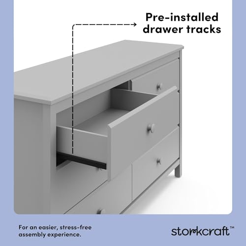 Image of Storkcraft Alpine 6-Drawer Dresser (Pebble Gray) - GREENGUARD Gold Certified, Gray Dresser for Bedroom, Kids & Nursery Storage Drawers, Safety Interlocking Drawers, Pre-Installed Tracks, Kids Bedroom