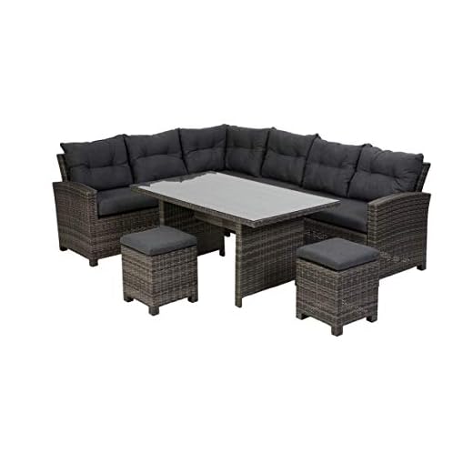 Greemotion Conjunto Muebles de Jardín Tessin 5 Piezas, Juego de Sofá Exterior de Poly Ratán para 7 Personas, 2 Sofás, 2 Taburetes y Mesa con Tablero de Vidrio, Gris