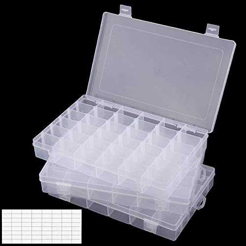 3PCS Boites de Rangement en Plastique Transparent avec Séparateurs Amovibles 36 Compartiments avec Les Etiquettes Autocollantes Coffrets à Bijoux, Perles, Pèche, Diamond Painting, 27*17*4,1cm Cover