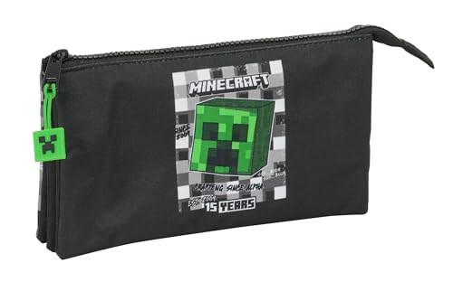 Safta Minecraft - Portatodo Triple, Estuche Infantil, Estuche Niño, Ideal para Niños en Edad Escolar, Cómodo y Versátil, Calidad y Resistencia, 22x3x12 cm, Color Negro/Gris/Verde