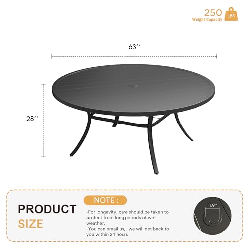 Image of VICLLAX 63 inch Outdoor Round Patio Table with Umbrella Hole, All Weather Metal Round Outdoor Dining Table for Lawn Garden, 8-10 Person Table, Black