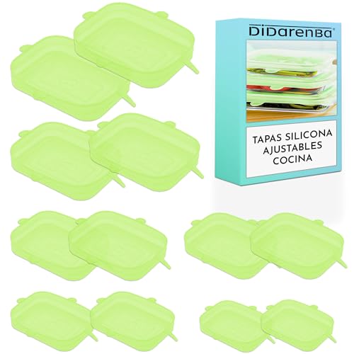 Tapas silicona ajustables cocina 12 piezas rectangulares diferentes tamaños lavables al lavavajillas verde