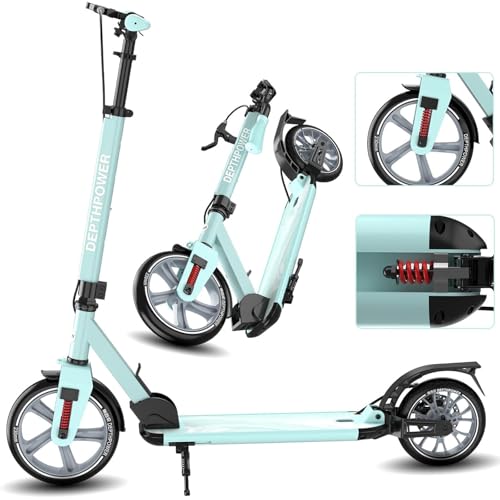 CUIOT Kick Scooter for Ages 6+, Kids, Teens & Adults - Max Load 300 LBS, Foldable 9-inch Big Wheels Scooters with Kickstand, 5 Adjustable Levels & Dual Brakes, Triple Suspension, Steering Limit,G