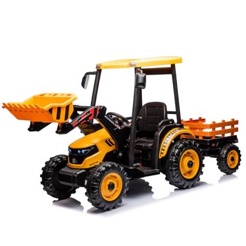 24V Ride on Tractor with Trailer&Front Loader, 3IN1 Dual Motors Ground Loader, Battery Powered Electric Ride on Tractor Toys with Safety Belt,Yellow(Kids Tractor with Trailer&Front Loader)
