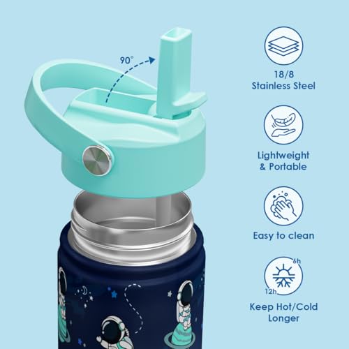 Image of SANDJEST Kid Water Bottle 12oz with Straw Lid - 2-Pack Insulated Stainless Steel Water Bottles for Kids Boys Girls - Travel Cup for School Sports, Outer Space & Astronaut