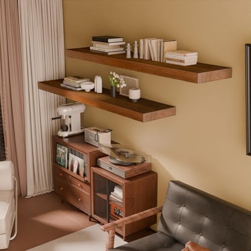Image of IAE Walnut Floating Wall Shelves 55 inch, Bathroom Shelves Wall Mounted,Invisible Shelves Floating Kitchen Shelves,Wooden Wall Shelves with Brackets for Living Room Wall Mounted,Easy Install,Set of 2