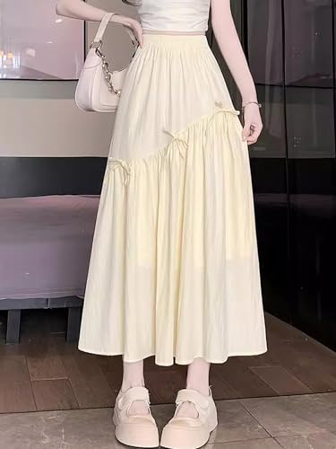Women Bow Tie Skirt Ruffle Trim Elastic Waist Elegant Long Dress Maxi Flared Skirt4