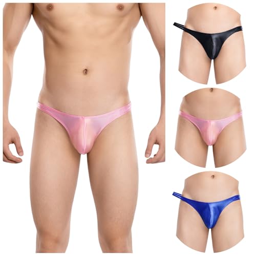 Men's Smooth Silk G-string Sexy Thong Low Waisted 3-Piece Set Blck/Pink/Blue