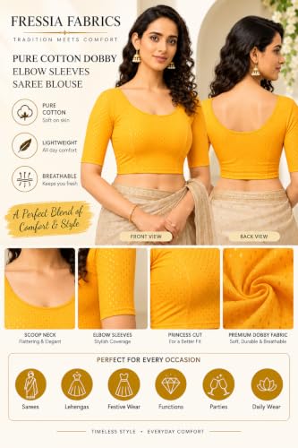 Image of Fressia Fabrics Pure Cotton 4-Way Stretch Readymade Blouse for Women | Free Size to 4XL Stretchable Round Neck Dobby Cotton Half Sleeve Readymade Saree Blouse for Women Stylish