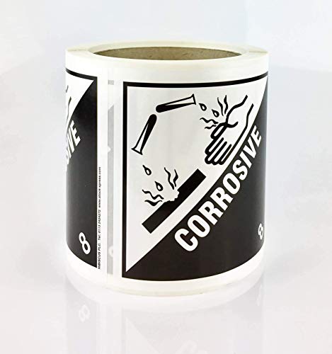 Étiquette classe 8 corrosive 100x100mm en rouleau pour colis de produits chimiques