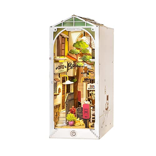 SJH Buchecke aus Holz, DIY Wandbehang, Miniaturzimmer, Puzzlehaus, Modellbausätze mit LED-Leuchten, Heim-Bücherregal, Dekor, Bücherregal-Einsatz, Bücherecke-Set für Teenager, Mädchen Cover