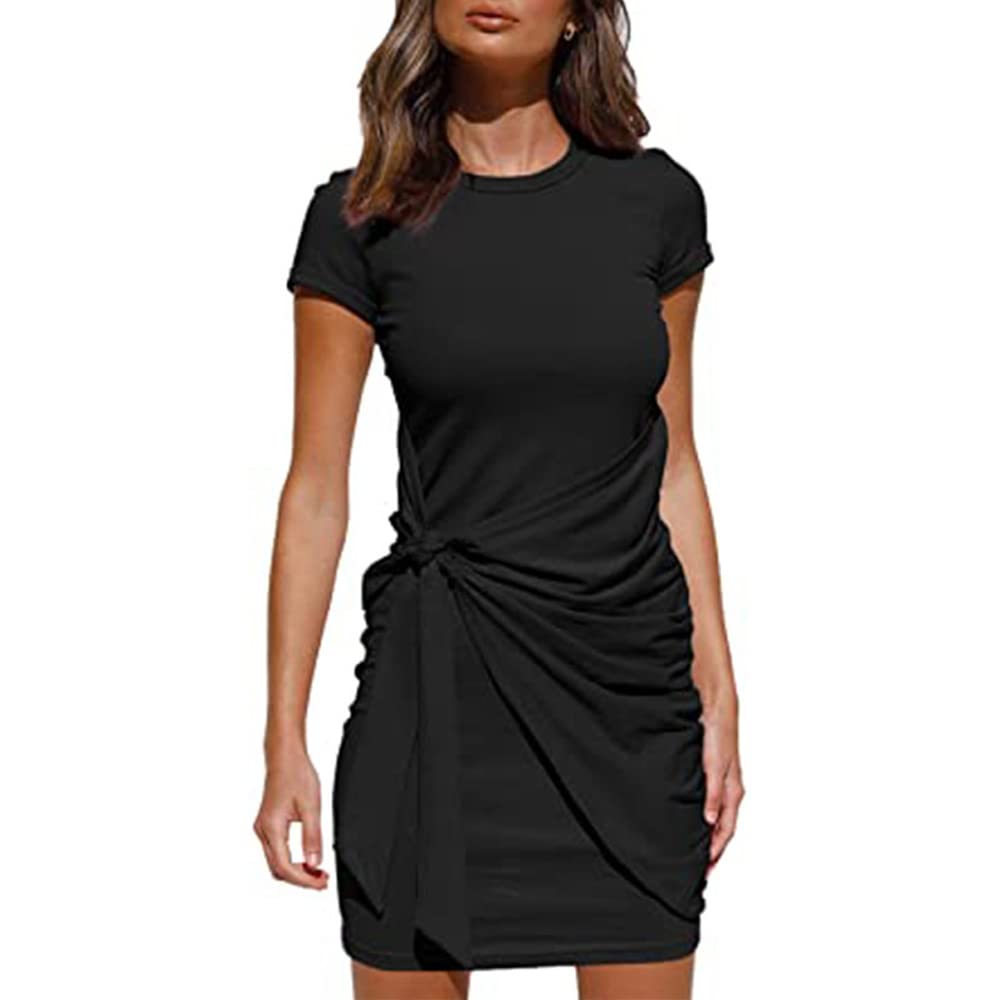 QKEPCY Vestido de Verano de Las Mujeres de Manga Corta Cuello Redondo Vestido Ligero Midle Largo Color sólido Rodilla Vestido Largo se Puede Usar para Muchas Ocasiones Plisado Arco