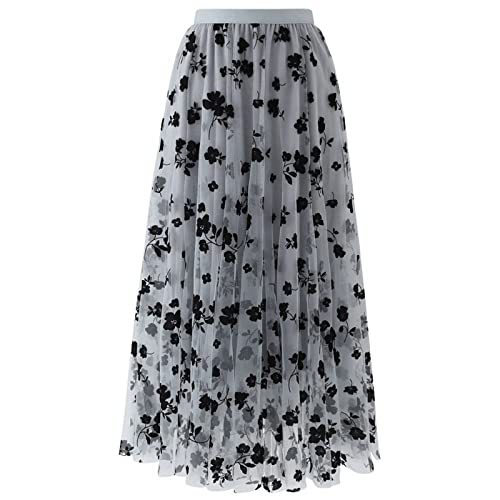 Tüllrock Damen Elegant Weiche Lange Maxirock Vintage Tütü Tüll Rock Damen Tüllrock Falten Rock Höhe Taille A Line Mesh Freizeit Spitze Midi Röcke Cover