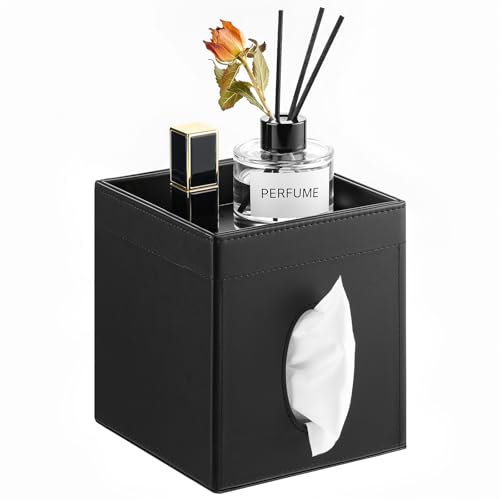 Luxspire Square Tissue Box Cover PU Leather Square Tissue Box Cover with Storage Tray Tissue Box Holder Tissues Cube Boxes Cover for Living Room Bedroom Countertop Cars Hotels Black