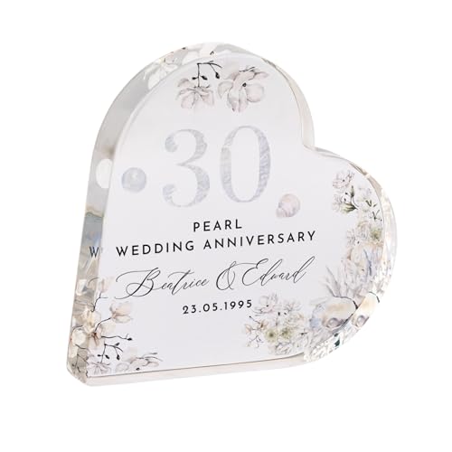 Pomchick - Personalised 30th Wedding Anniversary Pearl Anniversary Present Heart-Shaped Acrylic Plaque Custom Keepsake with Names Date Mum Dad Gift