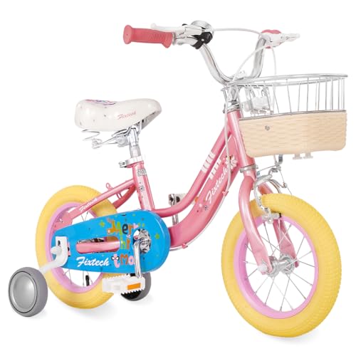 FIXTECH Girls Bike for 3-7 Years Old Toddlers and Kids, 12' 16' Kids Bike with Training Wheels and Basket, Kids Cycle Bikes, Multiple Colors (12 Inch with Training Wheels)