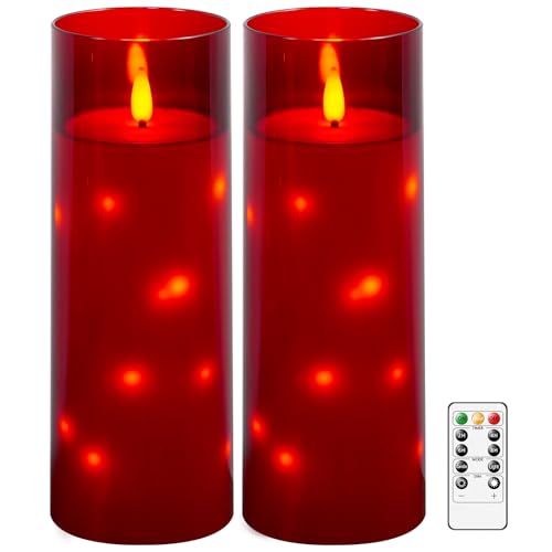 Image of kakoya 11 inch x 4 inch Large Outdoor Waterproof Flameless LED Candles with Remote and Timer,Acrylic Pillar Candles Battery Operated with Embedded Star String for Porch,Patio,Outdoor Decor,Set of 2(Red)