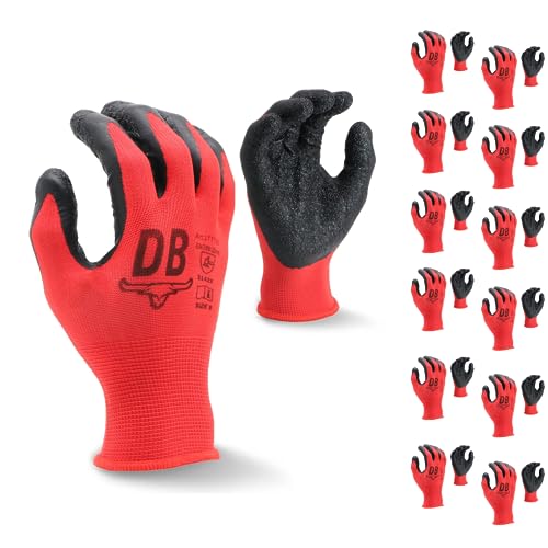 Durabull Latex Coated Work Gloves - 12 Pairs. Heavy Duty Protective Gloves For Builders, Garden & Working. Secure Fit With Anti Slip Grip. Wear Resistant Safety Gloves - (LT1110, Size 8, Red).