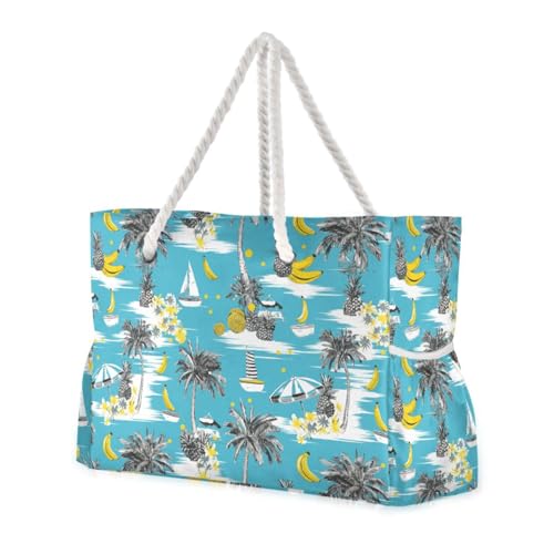 JUNZAN Funny Hawaii in Blue Beach Tote Bag with Handles Swim Pool Bag Beach Totes Bags for Women with Waterproof Pockets